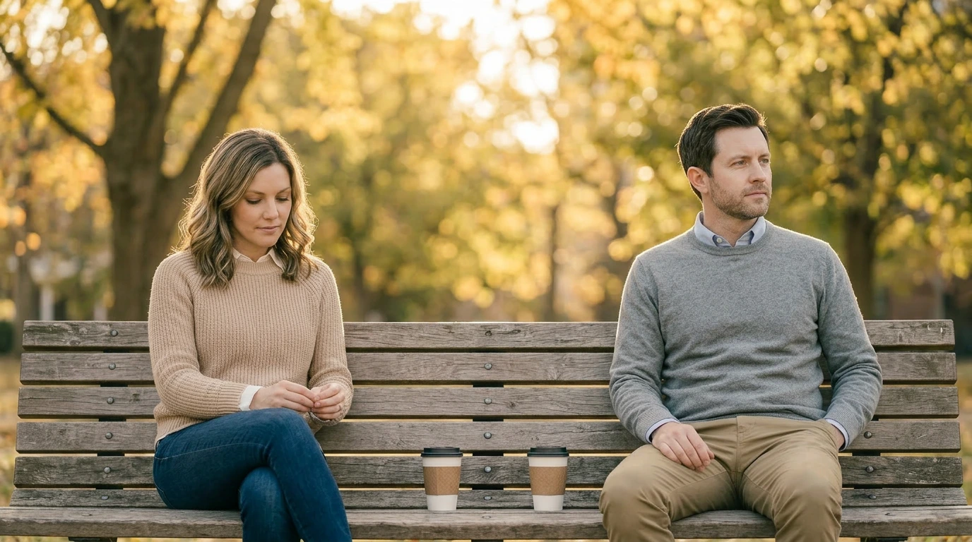 Coppia seduta su una panchina in autunno
