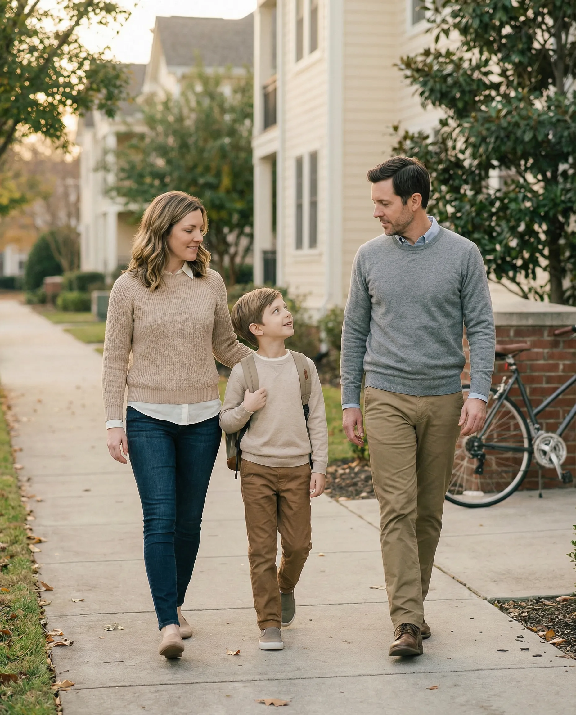 Bambino cammina lungo il marciapiede tra entrambi i genitori — affidamento condiviso nella separazione tra conviventi