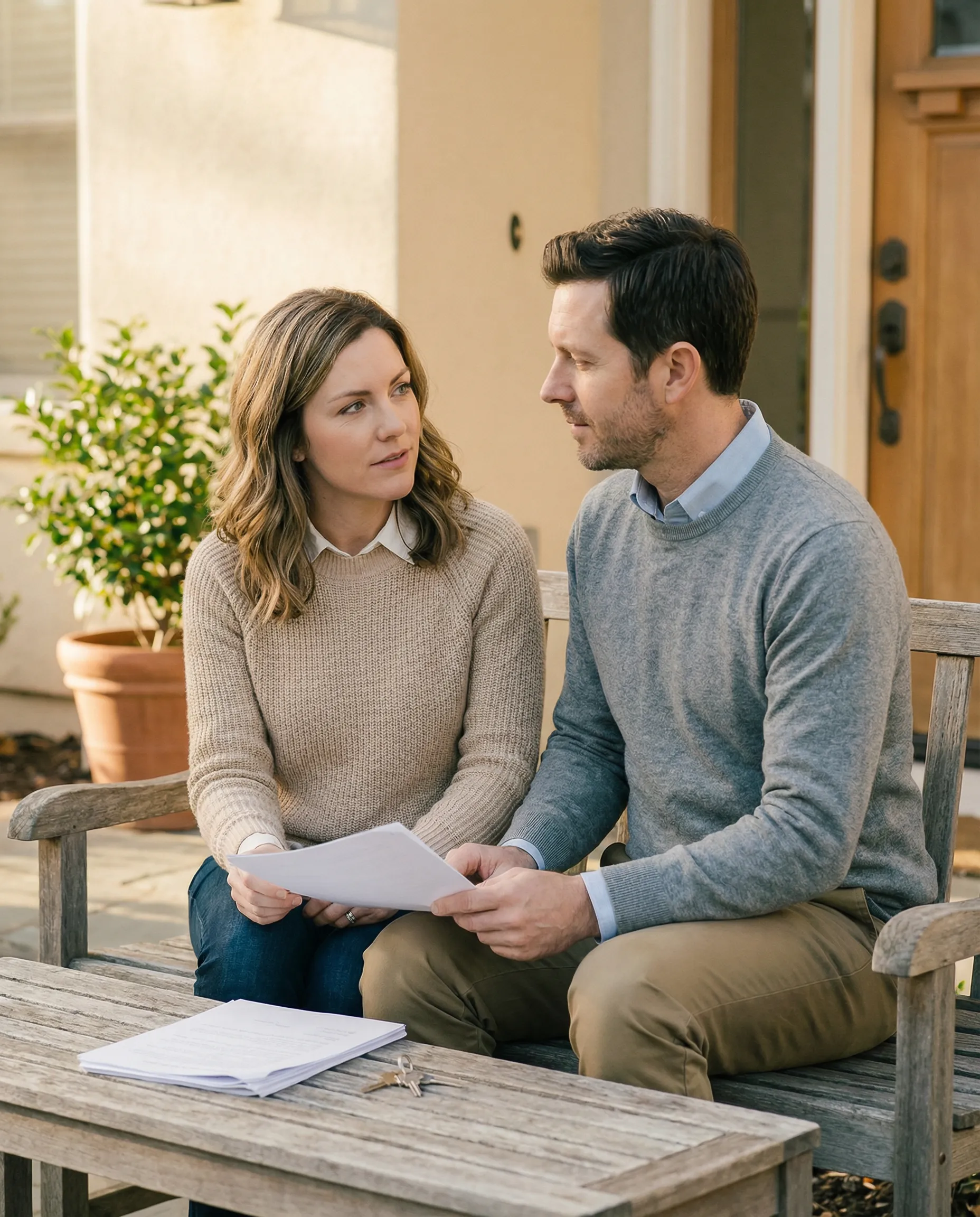 Coppia di conviventi seduta su una panchina con documenti e chiavi — differenze tra separazione conviventi e coniugi