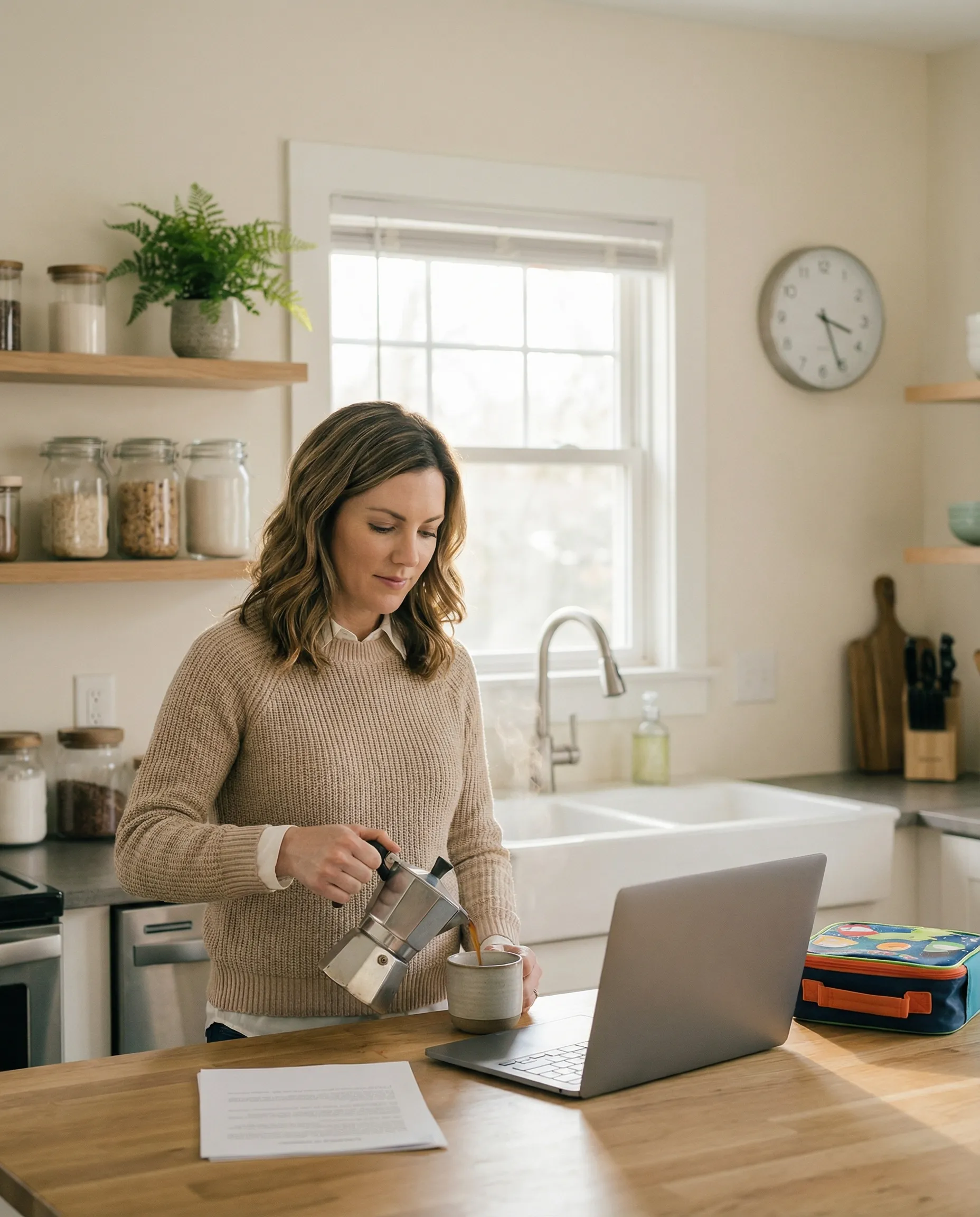 Donna da sola nella sua cucina prepara il caffè con documenti e laptop sul bancone — mantenimento dell'ex convivente nella separazione