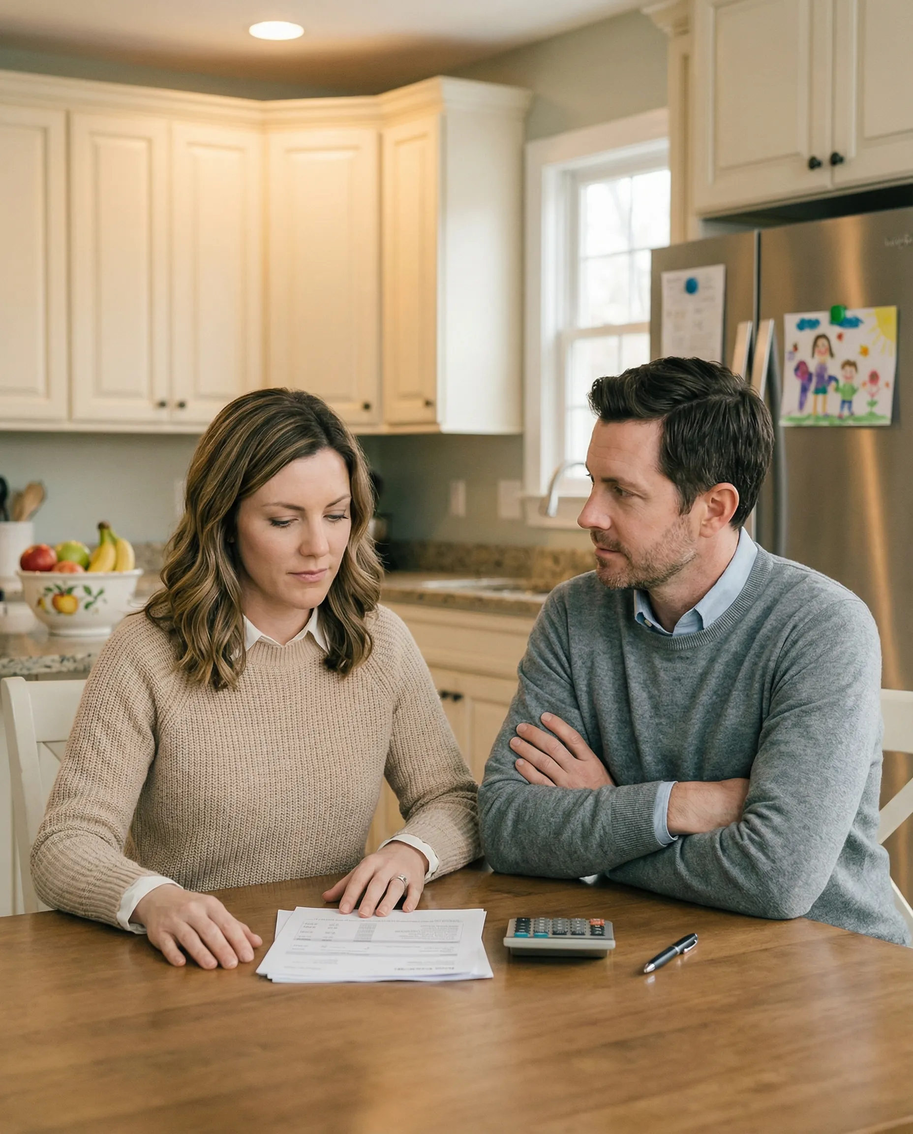 Coppia di conviventi al tavolo della cucina con documenti bancari e calcolatrice — mutuo cointestato nella separazione