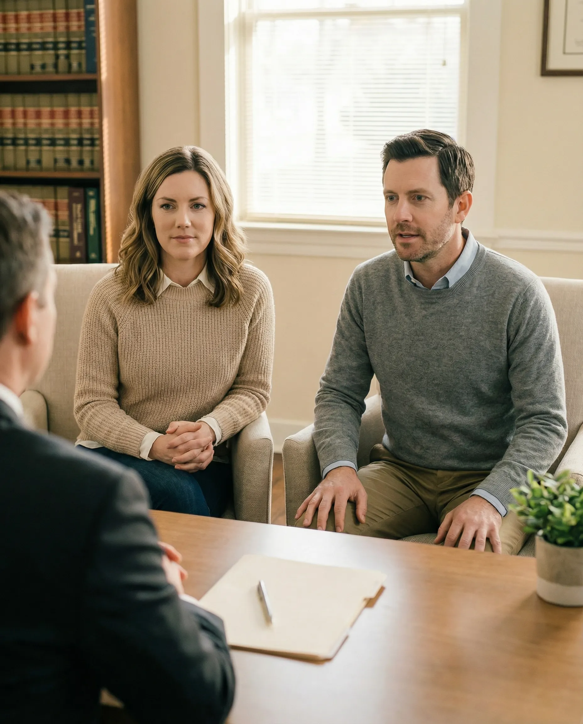 Coppia di conviventi seduta nello studio di un professionista per la procedura — negoziazione assistita per la separazione