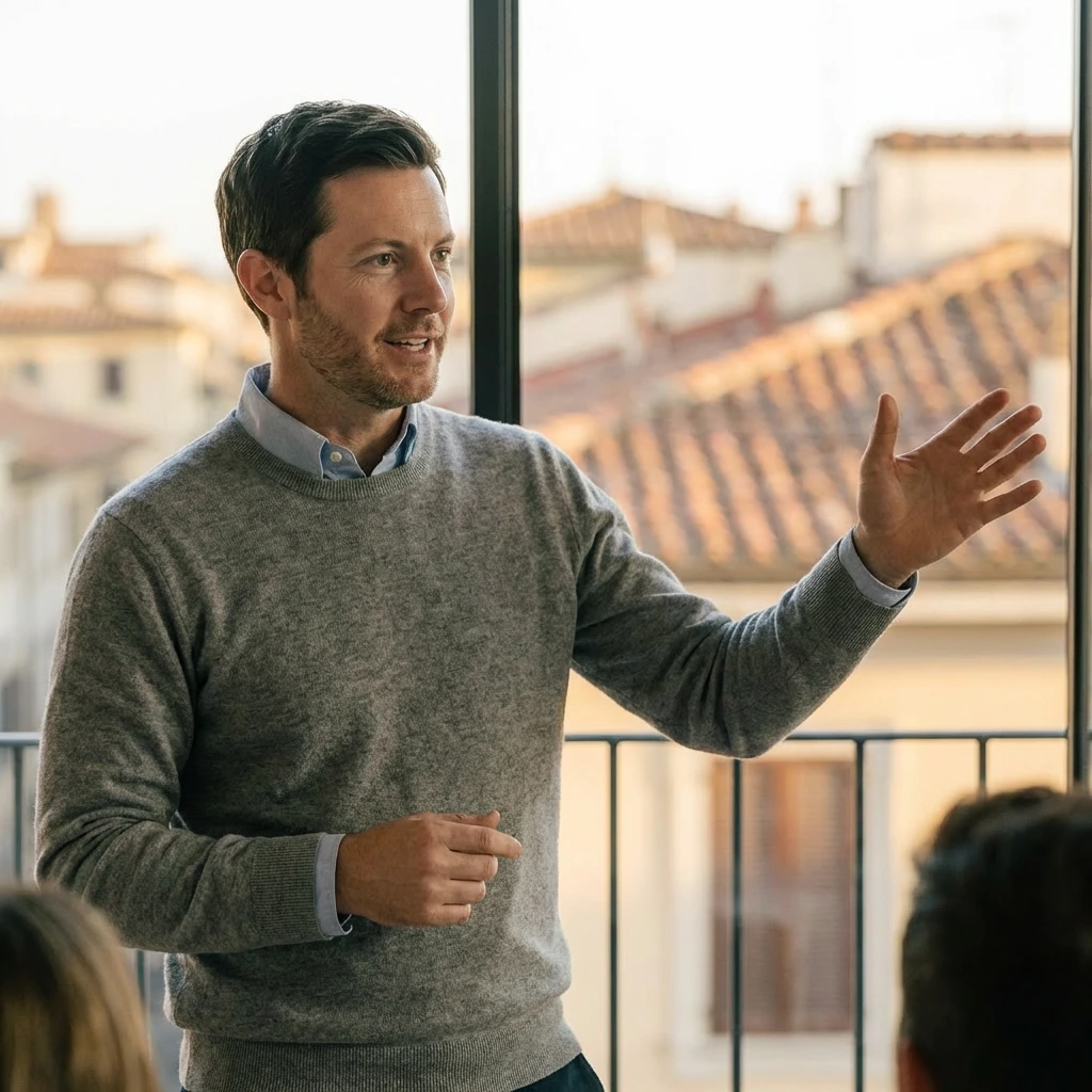 Uomo che presenta idee in ufficio moderno