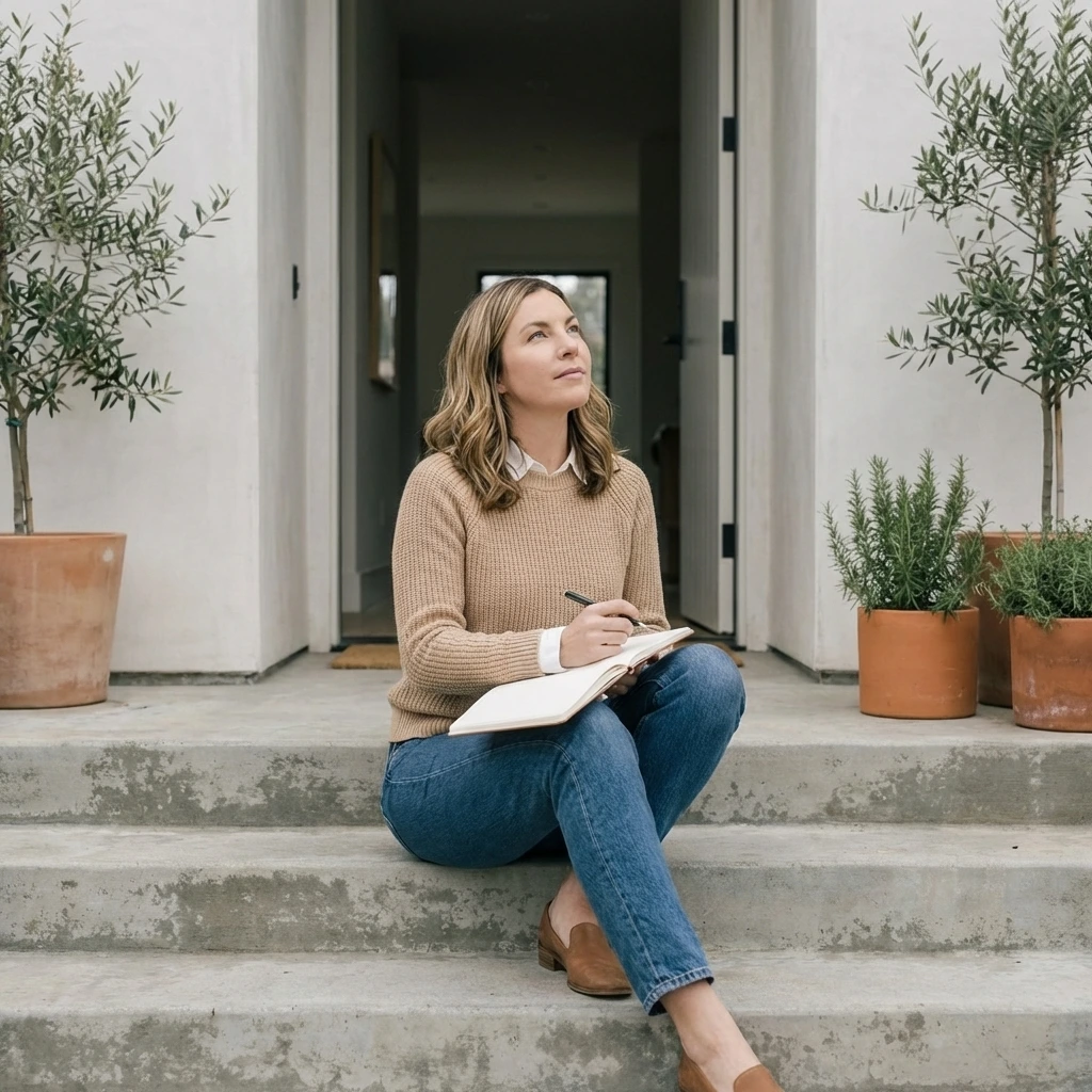 Donna seduta su gradini con quaderno di appunti