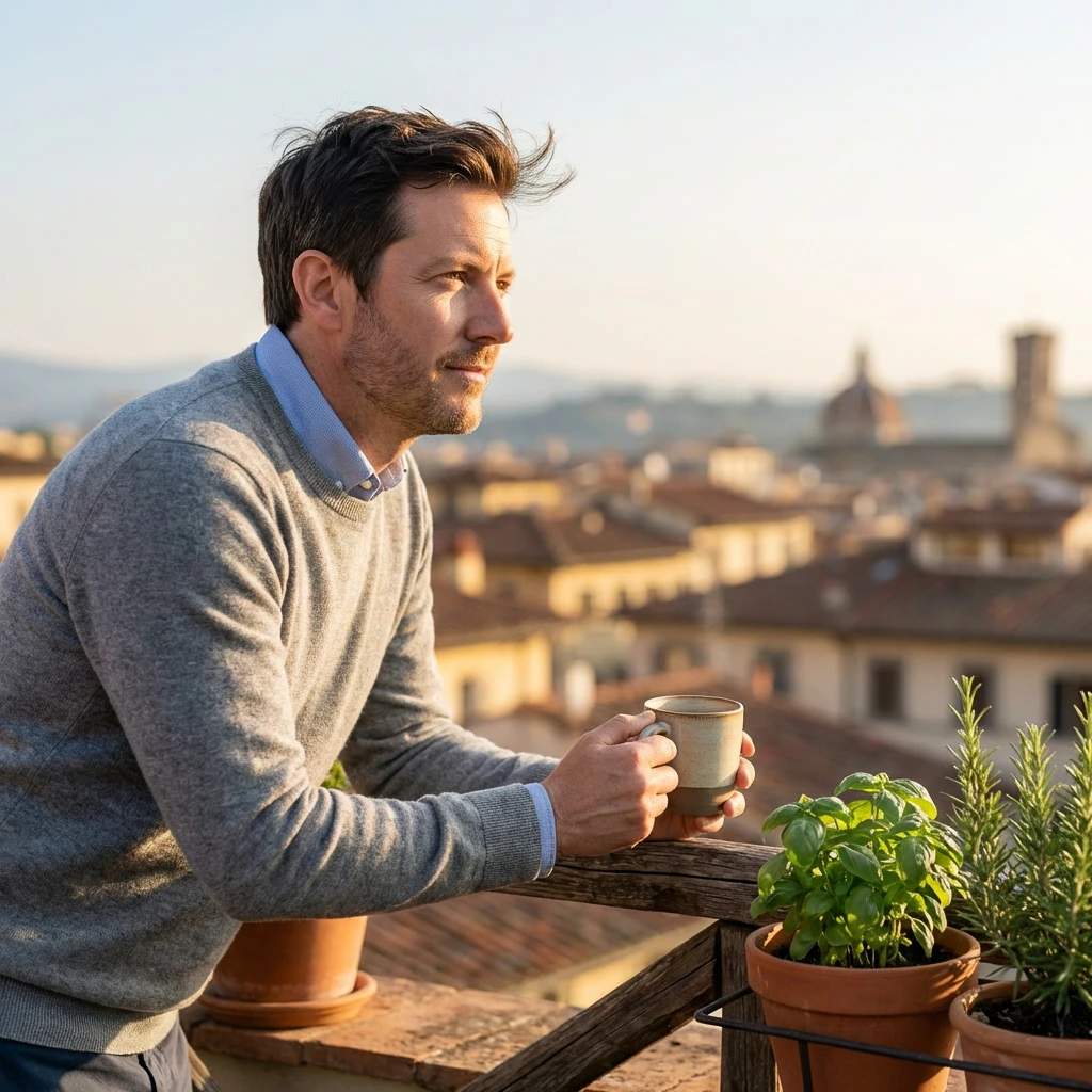 Uomo con caffè su terrazza con vista città